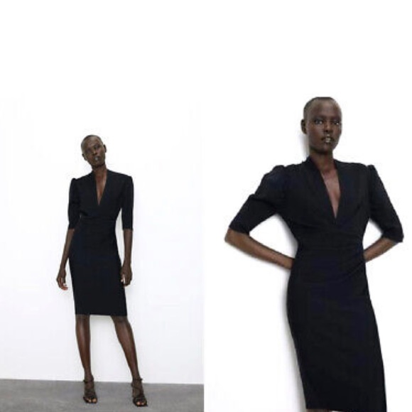 ZARA Black DRAPED DRESS Knit Sheath V-Neck Ruched Half Sleeve‎ - Picture 1 of 8